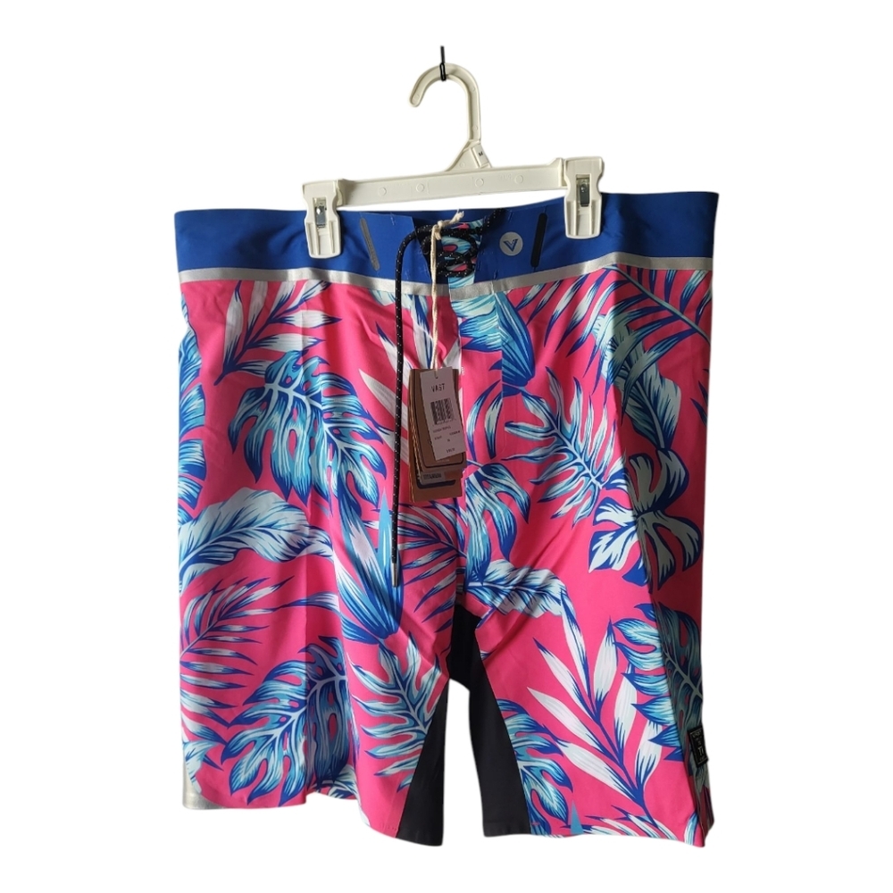 Vast Men's Pink and Blue Tropical Leaf Print Board Shorts Size 36 New